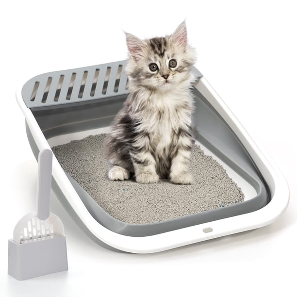 Caja de arena para gatos TomTenisse con tapa abierta, grande, plegable, gris