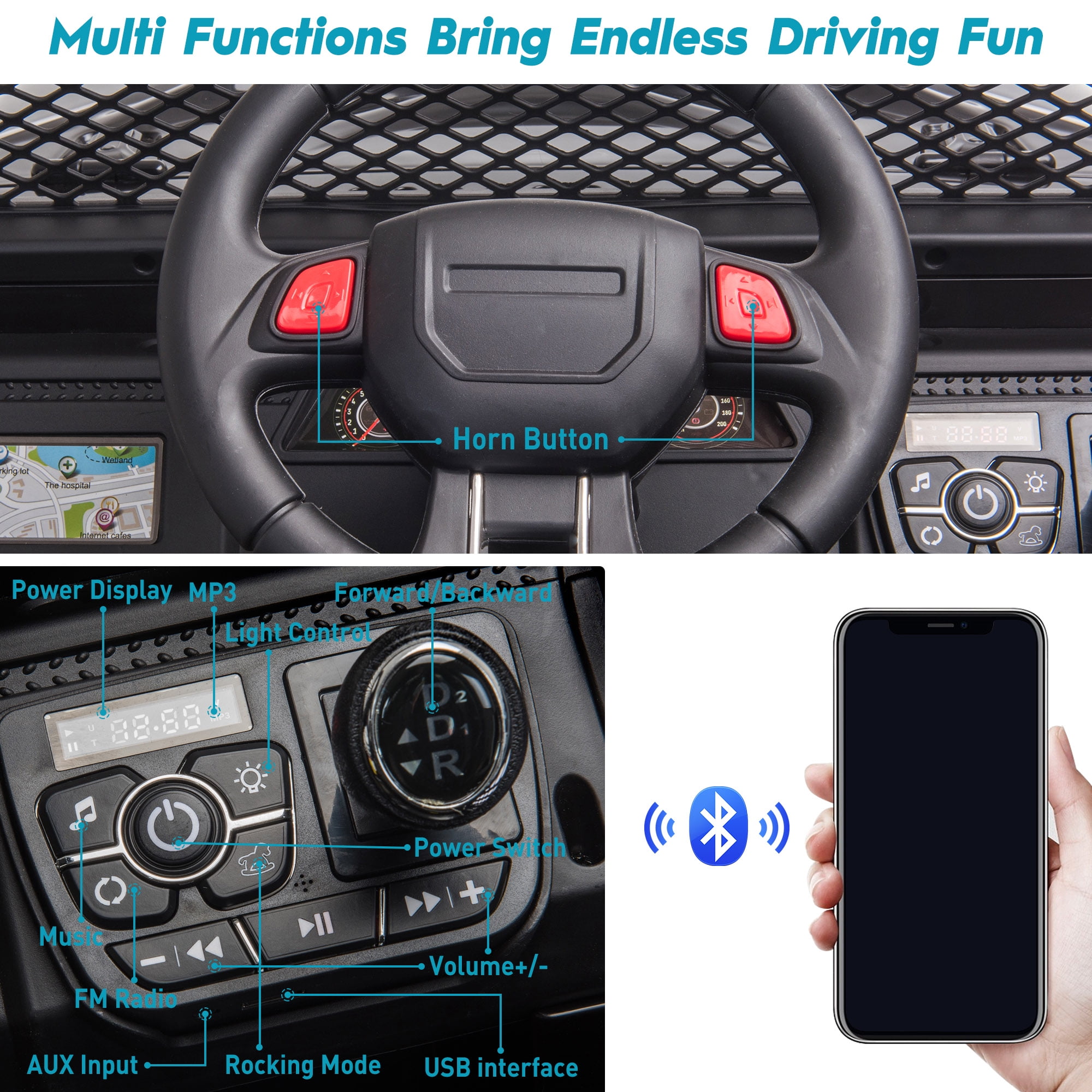 TOBBI 12V Kids Ride on Car, Jeep Car with Remote Control, LED Lights, Music, Horn, Bluetooth, Spring Suspension, Rocking, Black