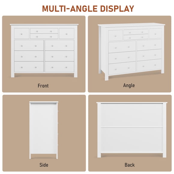 Modern 10 Drawer Dresser for Bedroom - Spacious Wooden Chest with Deep Storage - Long Wide Organizer for Living Room, Hallway, Home Office - Durable Furniture Set - Color: White