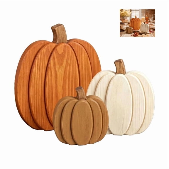 AOKISEN Wooden Pumpkins Set of 3, Fall Thanksgiving Tabletop Decor, Rustic Wood Pumpkin Ornament, for Mantel Fireplace Autumn Decor