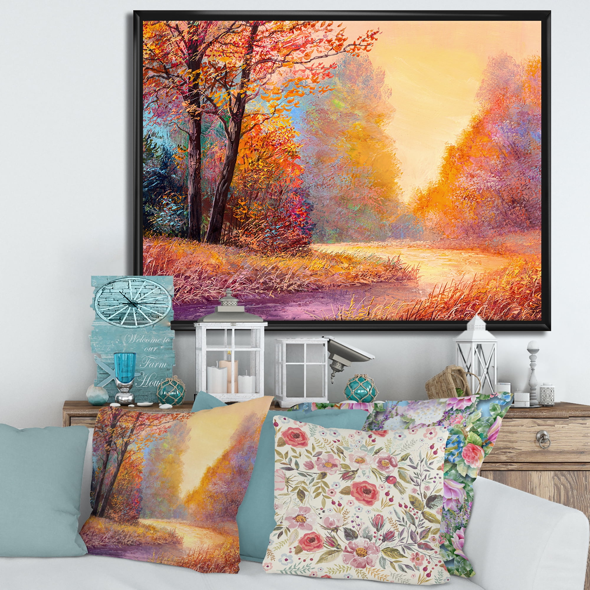 The Autumn Forest Orange Leaves Landscape With Path 32 in x 16 in Framed Photography Canvas Art Print, by Designart