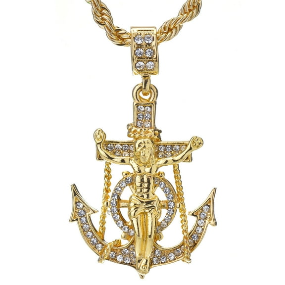 Hip Hop Iced 14K Gold Plated Anchor Jesus Cross Pendant 24" Rope Chain Necklace HC 1075 G