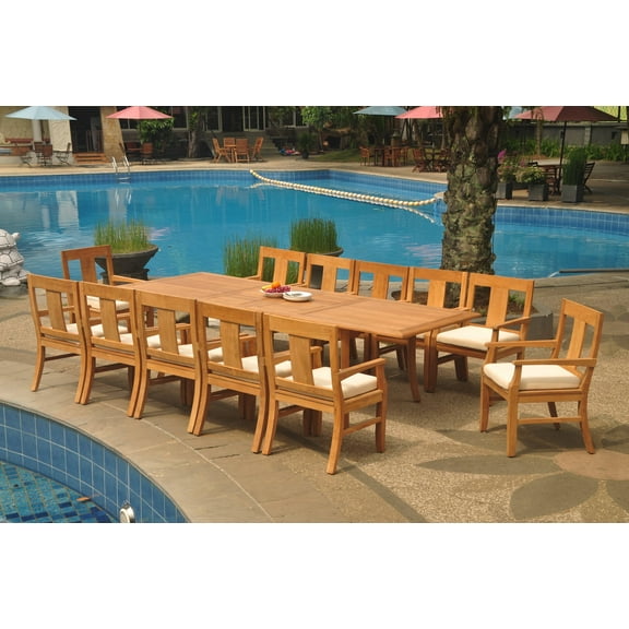 Grade-A Teak Dining Set: 12 Seater 13 Pc: 118" Double Extension Rectangle Table And 12 Osborne Arm Chairs Outdoor Patio WholesaleTeak #WMDSWVm