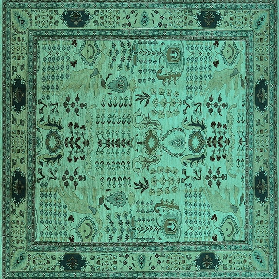 Ahgly Company Machine Washable Indoor Square Oriental Turquoise Blue Industrial Area Rugs, 7' Square