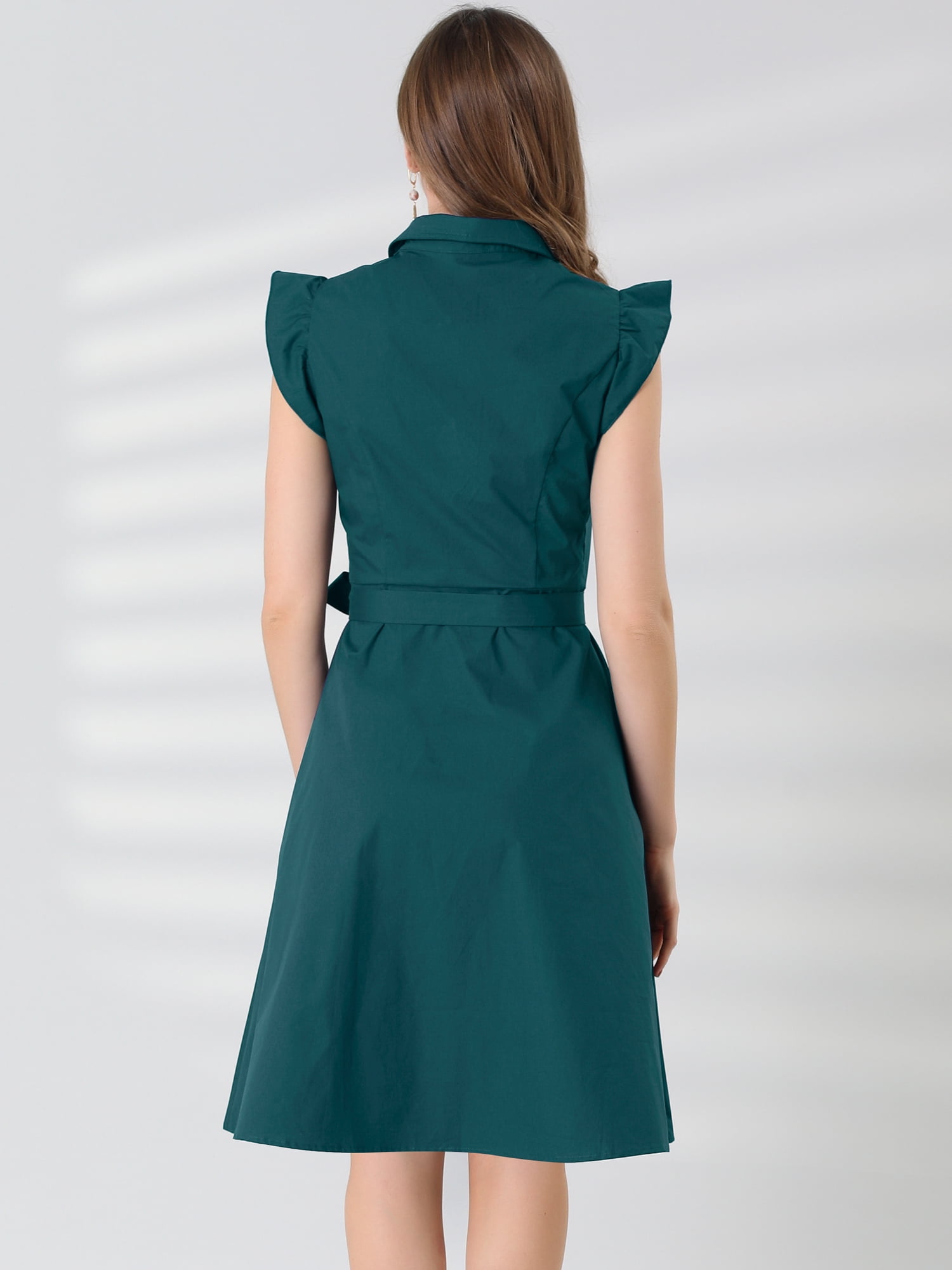 DARING DIVA Ruffled Sleeve Button Down Belted Knee Length Shirt Dress XS Dark Green