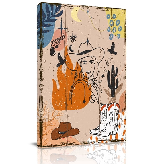 Canvas Wall Art Western Cowboy Canvas Art Print Cowgirl Cactus Retro Vintage Beige Pictures Wall Decor for Living Room Bedroom Artwork Decorations Stretched Framed Ready to Hang 24"x36"