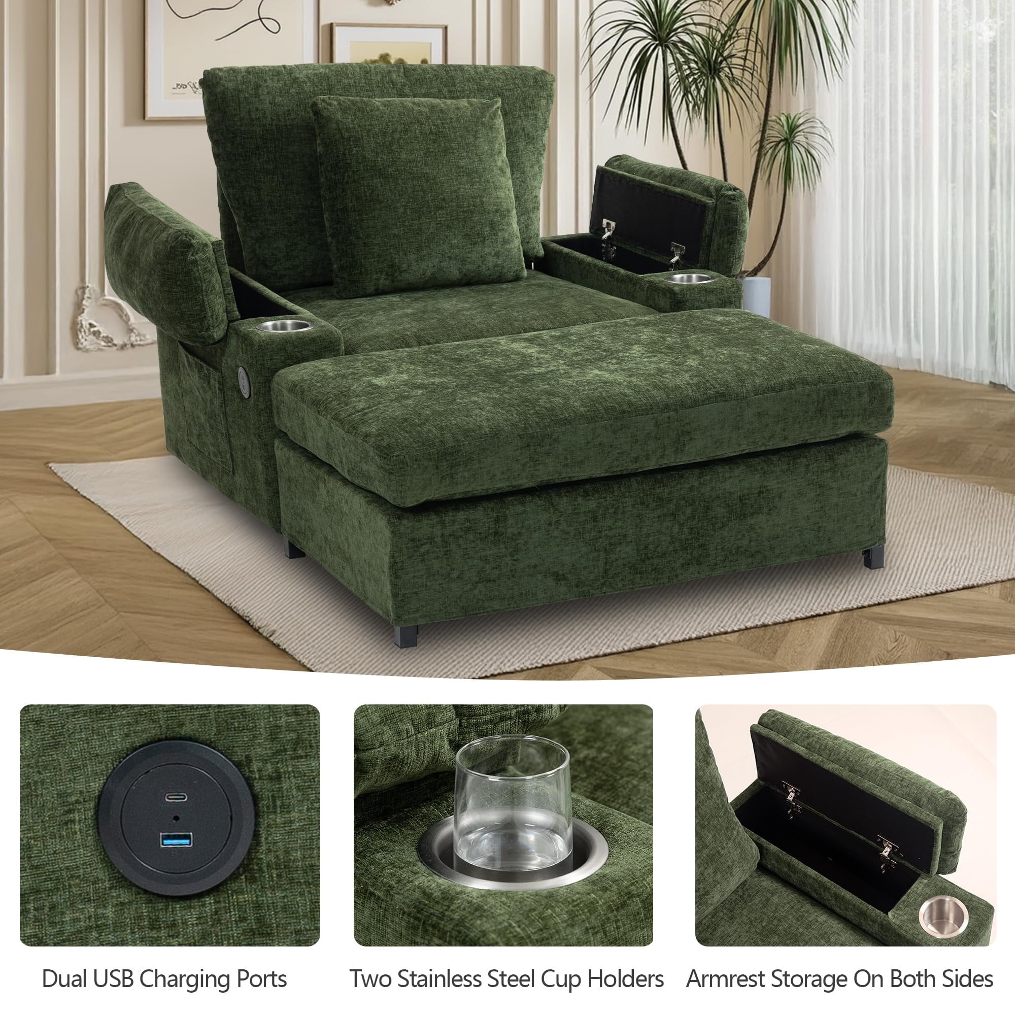 Aukfa 58" Chaise Lounge Oversized Sofa Chair with 2 Cup Holders&USB Ports, Chenille, Green