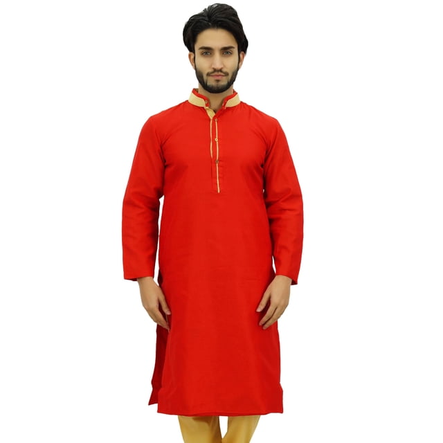 Atasi Chemise Longue Rouge à Col de Bande en Dupion pour Hommes Vêtements Ethniques-TG