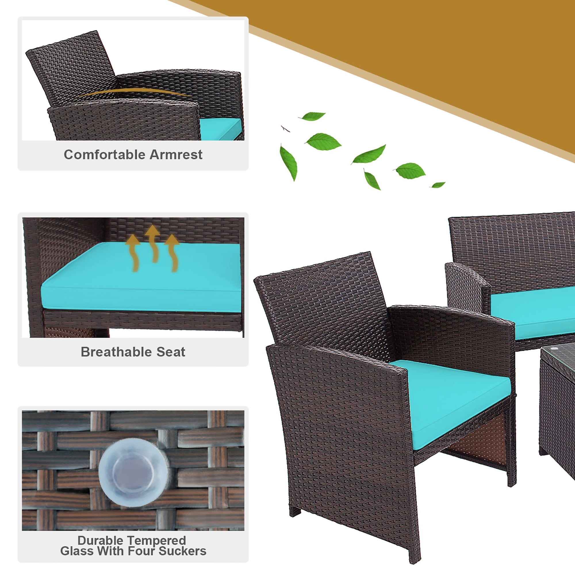 Costway 8PCS Patio Rattan Furniture Set Cushioned Chair Sofa Table Turquoise