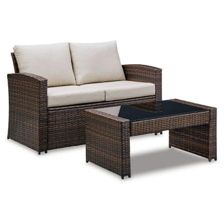 Signature Design by Ashley East Brook Outdoor Wicker Loveseat with Table Set Brown