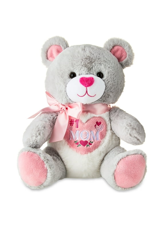 Way to Celebrate Mothers Day 12 inch Plush Gray Embroidered Bear, #1 Mom