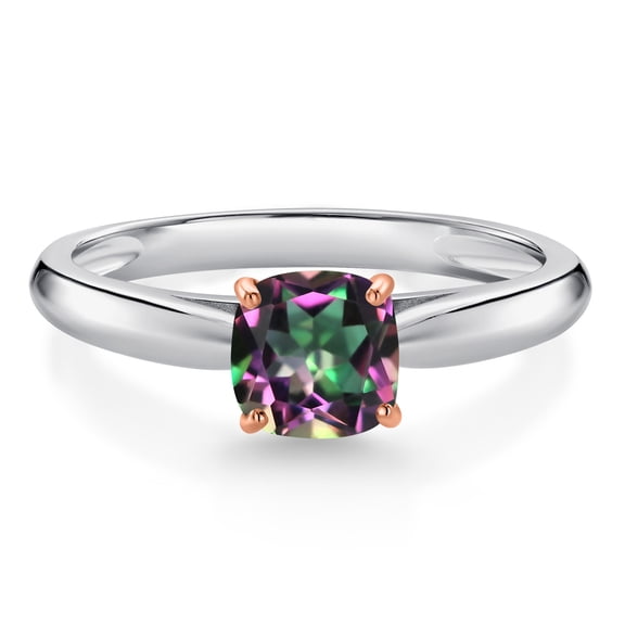 Gem Stone King 1.00 Ct Cushion Green Mystic Topaz 10K White Gold Engagement Ring with Rose Gold Prongs (Size 9)