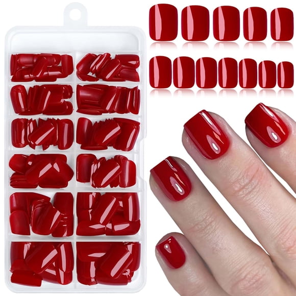 Uñas postizas adhesivas LuckForever de 240 piezas, cortas cuadradas, rojo oscuro