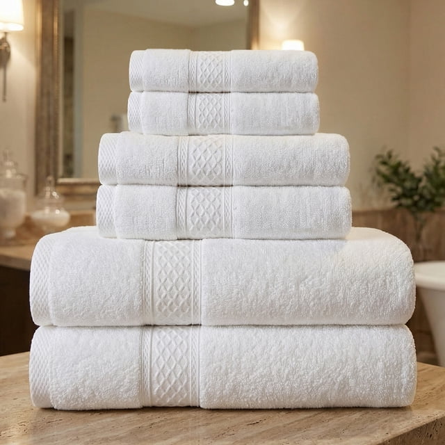 Gogreen Juego de Toallas de Baño 100% Algodón de 6 Piezas (2 Toallas de Baño, 2 Toallas de Mano y 2 Toallitas), Toallas Muy Absorbentes para Baño, Gimnasio y Hotel (Blanco)
