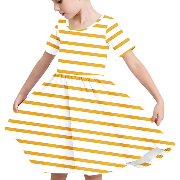 Odeerbi Niñas de Verano Vestido de Línea A Rayas Vestido de Columpio Vestido Elástico de Manga Corta Para Niños