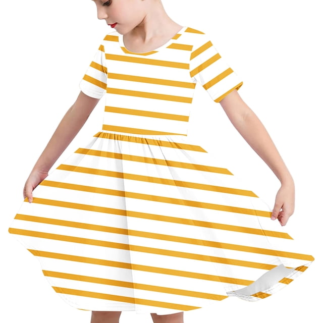 Odeerbi Niñas de Verano Vestido de Línea A Rayas Vestido de Columpio Vestido Elástico de Manga Corta Para Niños