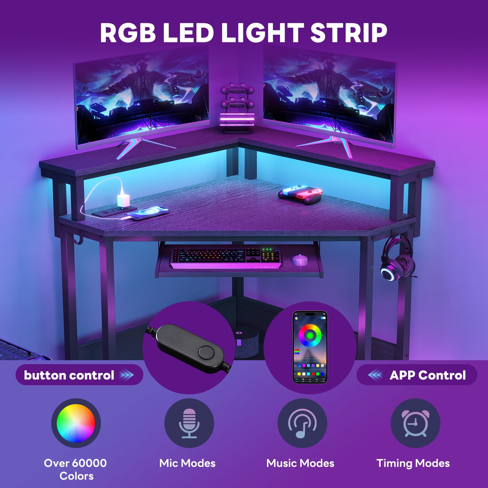 CONCETTA Coner Desk, L-Shaped Computer Desk with Power Outlets, LED Lights, Monitor Stand & Keyboard Tray, Black