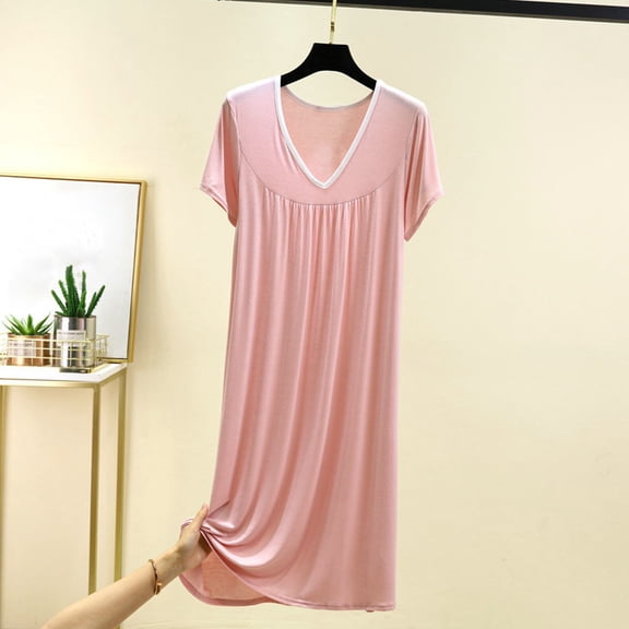 Womens Long Nightgown Round Neck Nightshirts Short Sleeve Loose Loungewear Casual Sleep Dress Pink XL