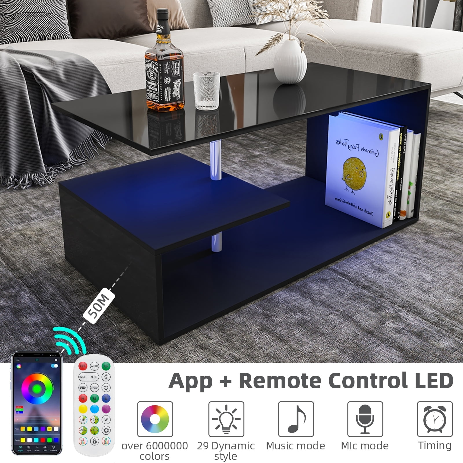 Hommpa High Gloss Black Coffee Table with LED Lights Open Shelf Smart APP Control S Shaped Modern Sofa Side End Table for Living Room