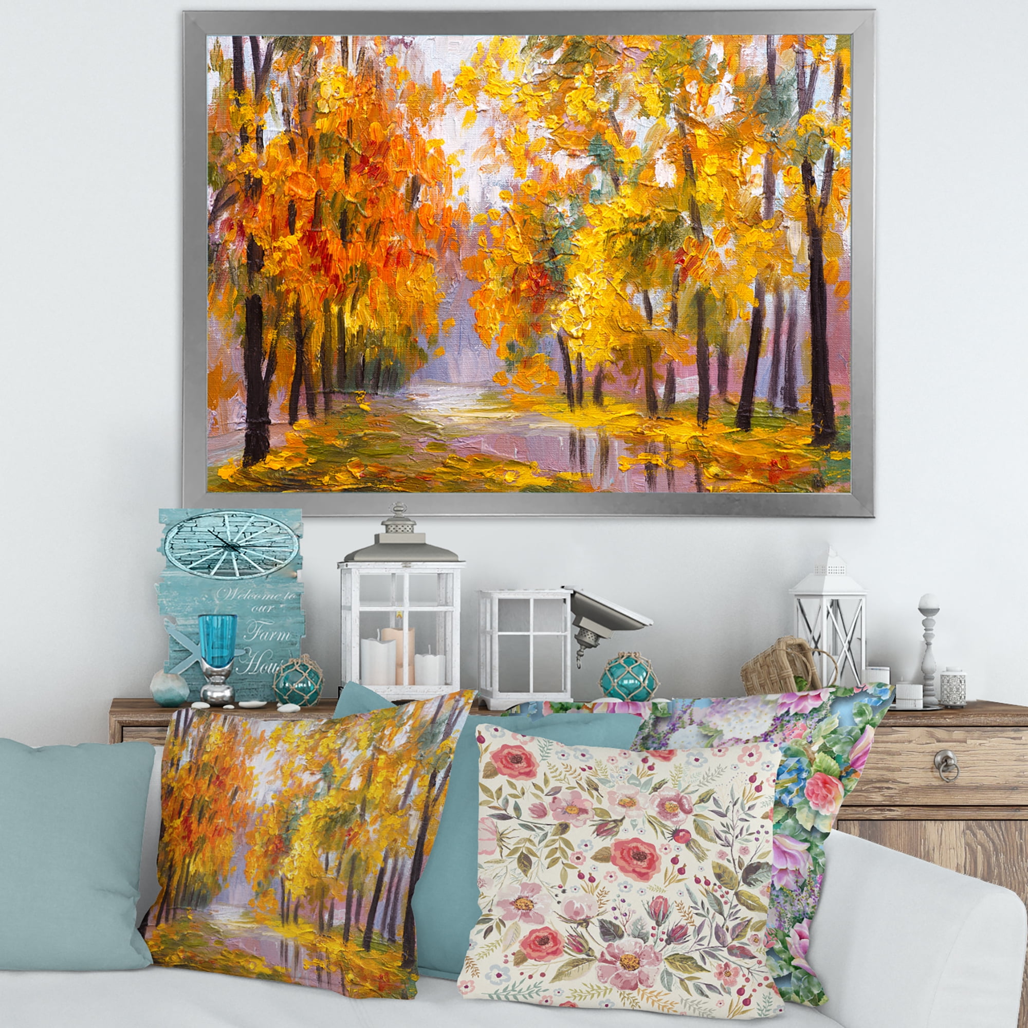 Designart 'Forest Full Of Fallen Leaves In Autumn Along River' Lake House Framed Art Print