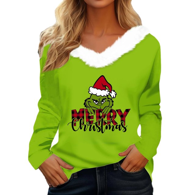 Women's Christmas Long Sleeve V-Neck T-Shirt Floral Pattern Polyester Blend Junior Fall Polyester Blend Junior Fall Winter Tee FN24749