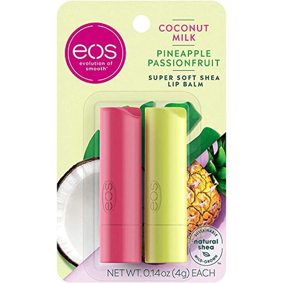 eos Super Soft Shea Lip Balm - Coconut Milk and Pineapple Passionfruit | 24 Hour Hydration | Lip Care to Moisturize Dry Lips | Gluten Free | 0.14 oz | 2 Pack
