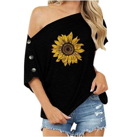BYOIMUD Clothing Sales Off The Shoulder Blouse for Women Sunflower Graphic Summer Shirts Leisure Short Sleeve Pullover Tees Loose Blouse Shirts Black