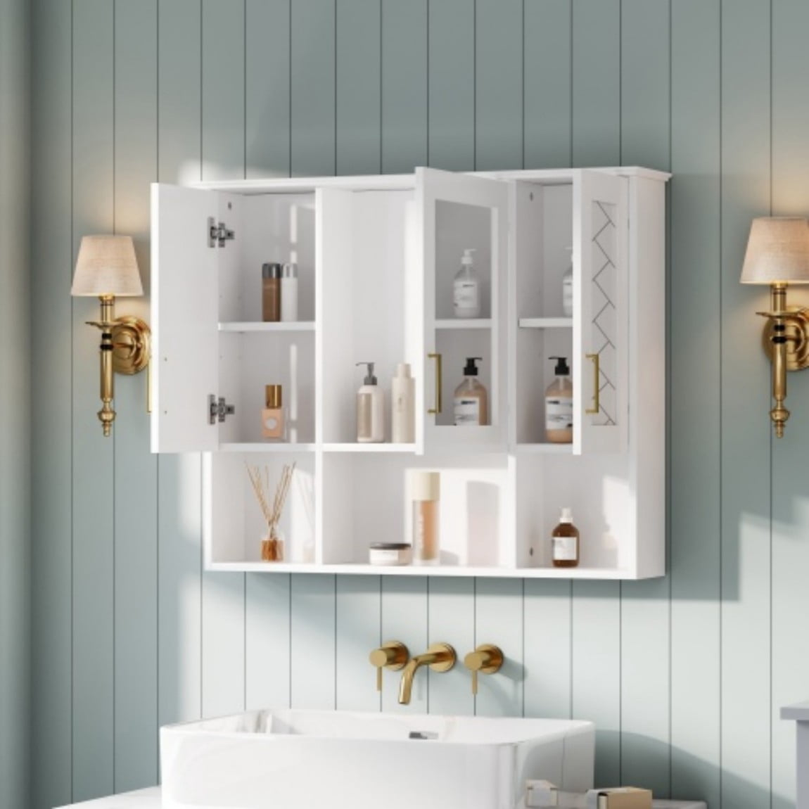 35" Wall Mounted Medicine Cabinet with Mirror, Bathroom Storage Cabinet with Adjustable Shelves, Soft Close Doors, Modern Mirror Cabinet for Vanity, White