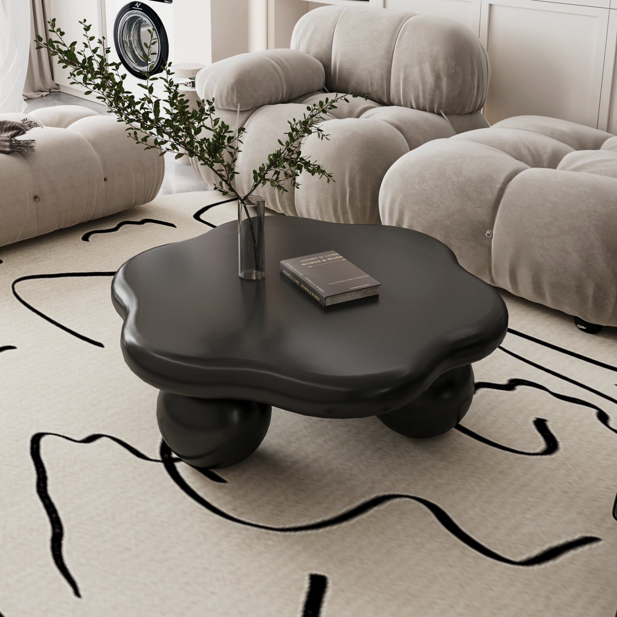 35" Cloud Shaped Coffee Table, Petal-Shaped Modern Minimalist Coffee Table with Spherical Legs, Kid & Pet Friendly Space Saving Center Table Tea Table for Small Apartment