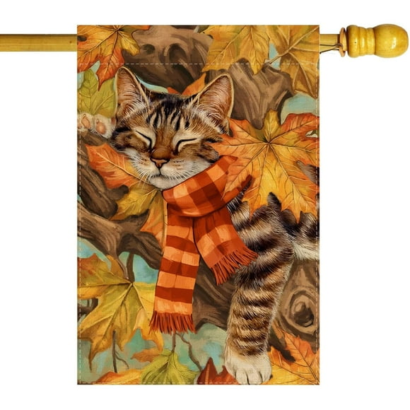 shiyou-Fall Watercolor Maple Leaves Cat Sleeping Tree Autumn House Flag Burlap 28X40 Inch Vertical Double Sided Outside Yard Holiday Outdoor Farmhouse Decoration