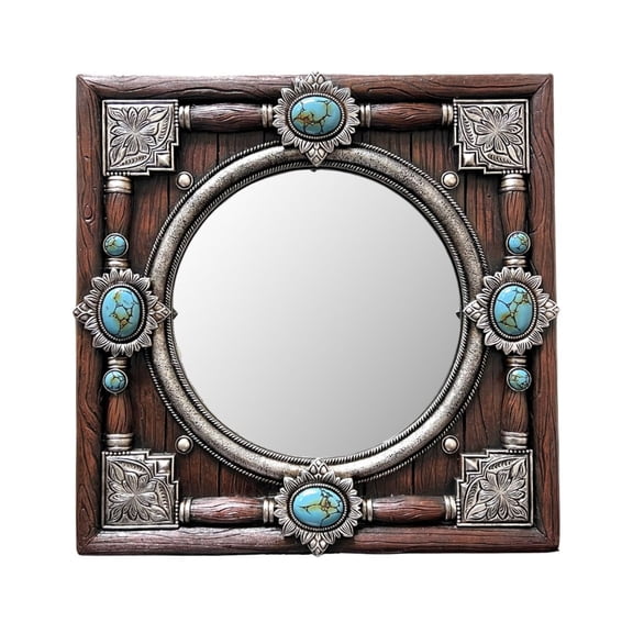 Decorative Round Mirror on a Square Faux Wood Frame in Resin with Turquoise Accent - Vintage Wall Mounted Mirror Rustic Cabin Home Decor- Ideal Gift for Western-themed Home Enthusiasts