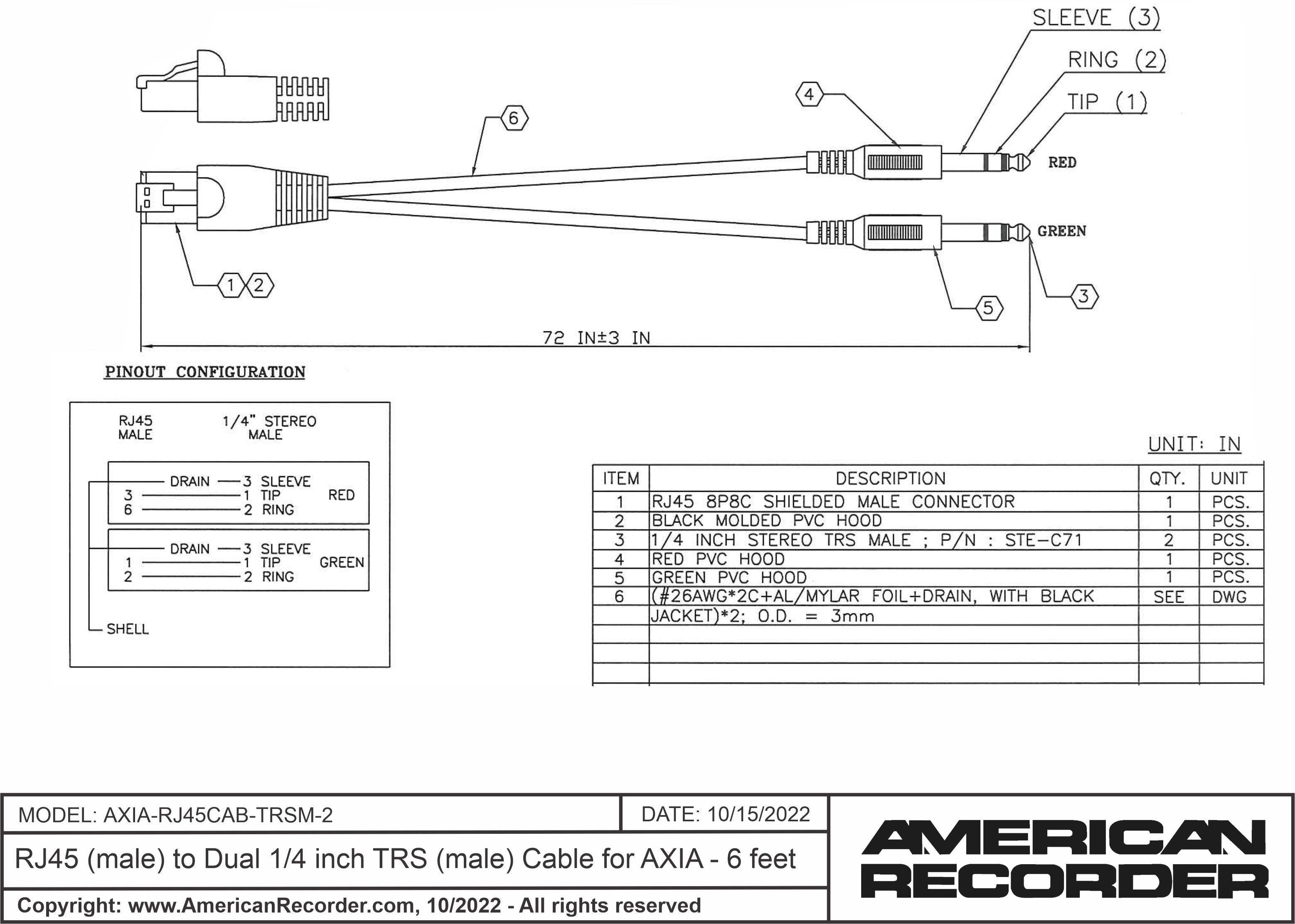 RJ45 (male) to Dual 1/4" TRS (male) Cable for AXIA - 6 feet