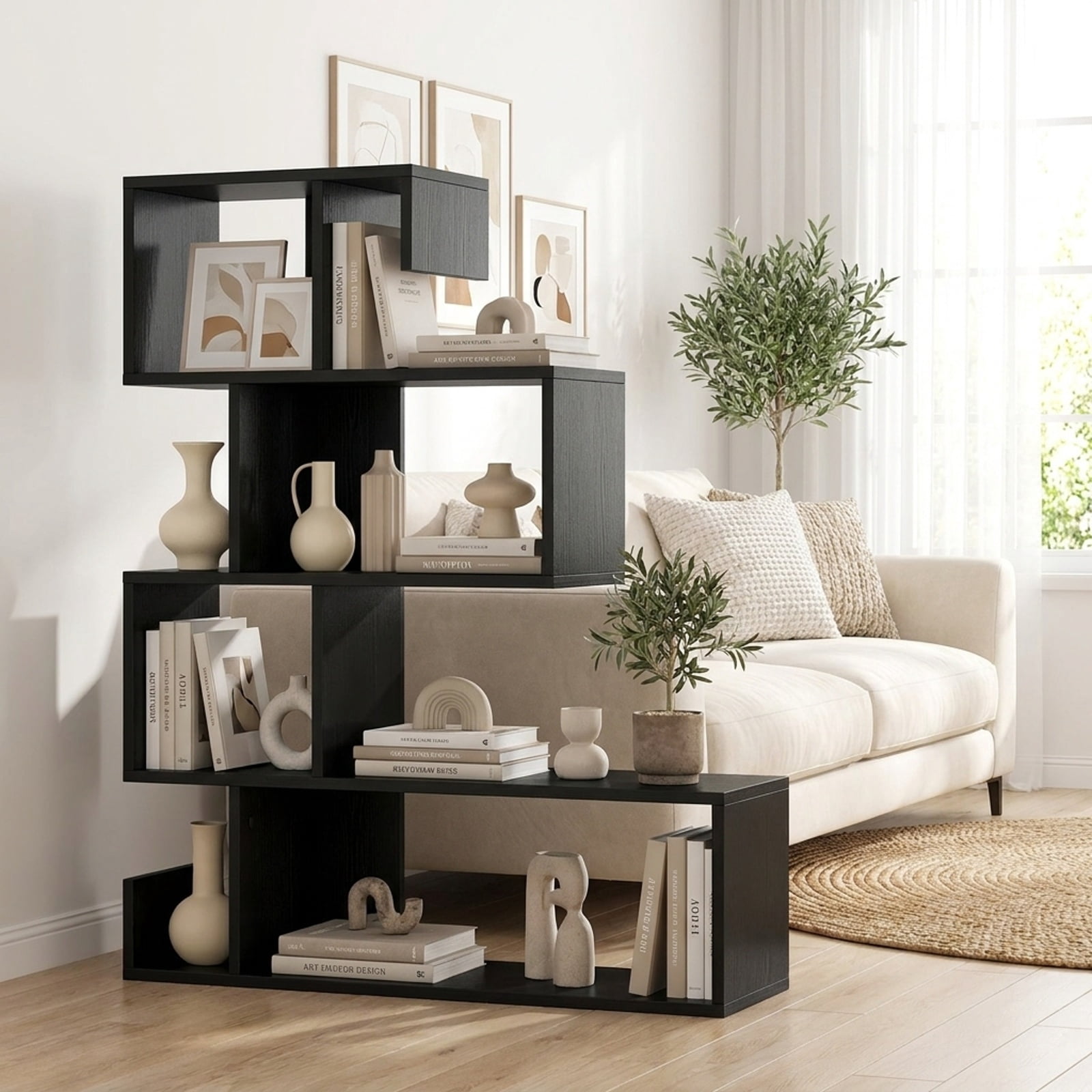 Furnibear 5-Tier S-Shaped Bookshelf Geometric Z-Shelf Bookcase with Open Cubes for Living Room Home Office Bedroom Display Storage Shelf, Black