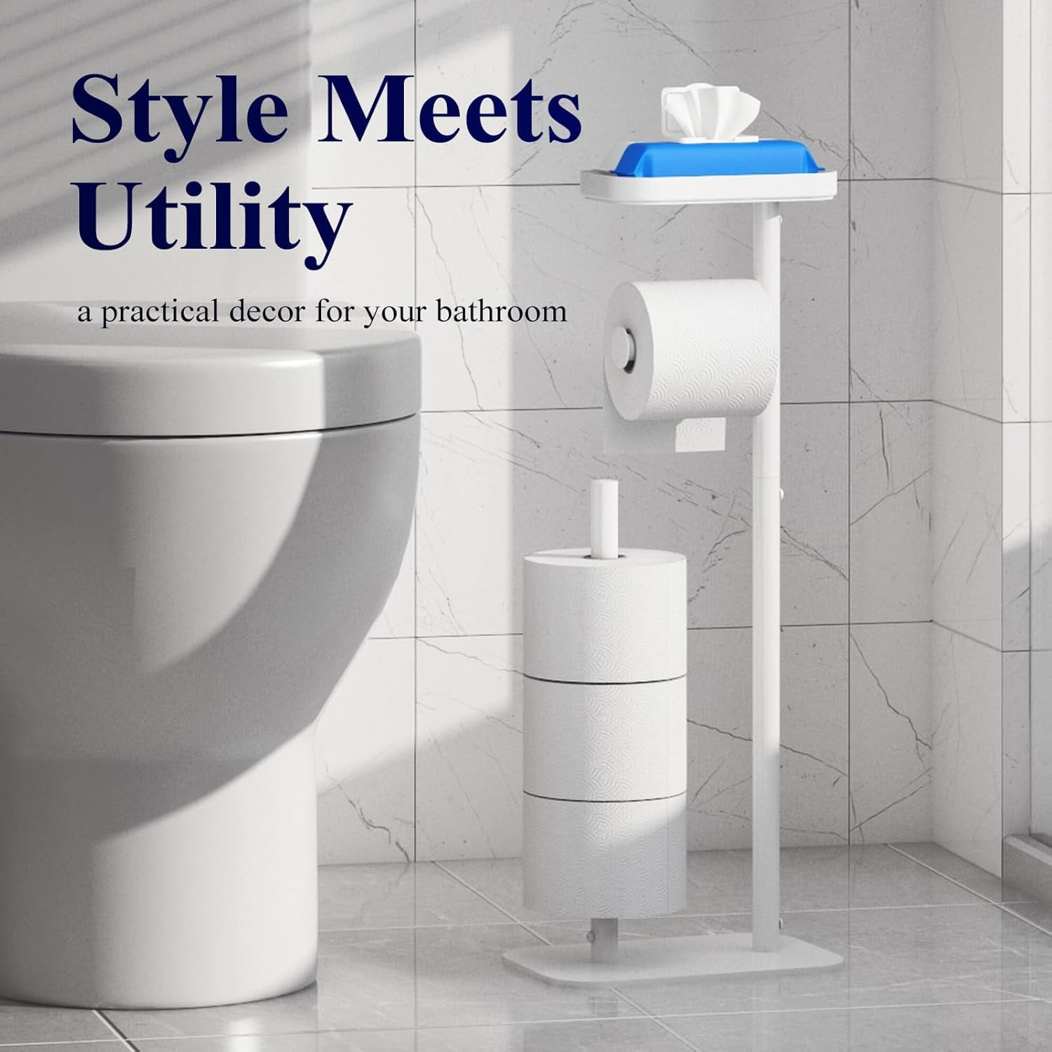 4-Roll Free-Standing Toilet Paper Holder - Rustproof Metal Stand with Anti-Slip Base & Phone Shelf, Black Bathroom Storage Organizer