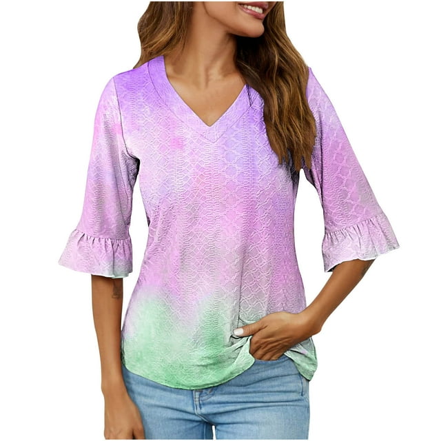 UNITWRY Summer Tops For Women Half-Sleeve V-Neck Blouse T-Shirt Gradient Ruffled Sleeve Tunic Top