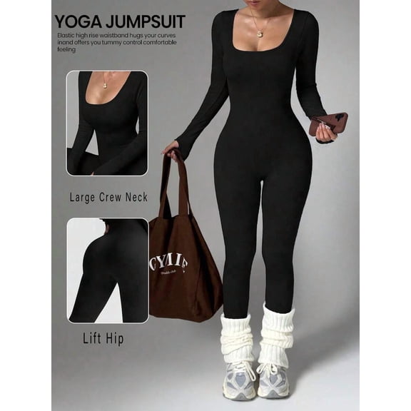 Women's Long Sleeve Round Neck Jumpsuit, Waist-Cinched Hip-Lifting Slim Fit, Elastic Sports Wear Black