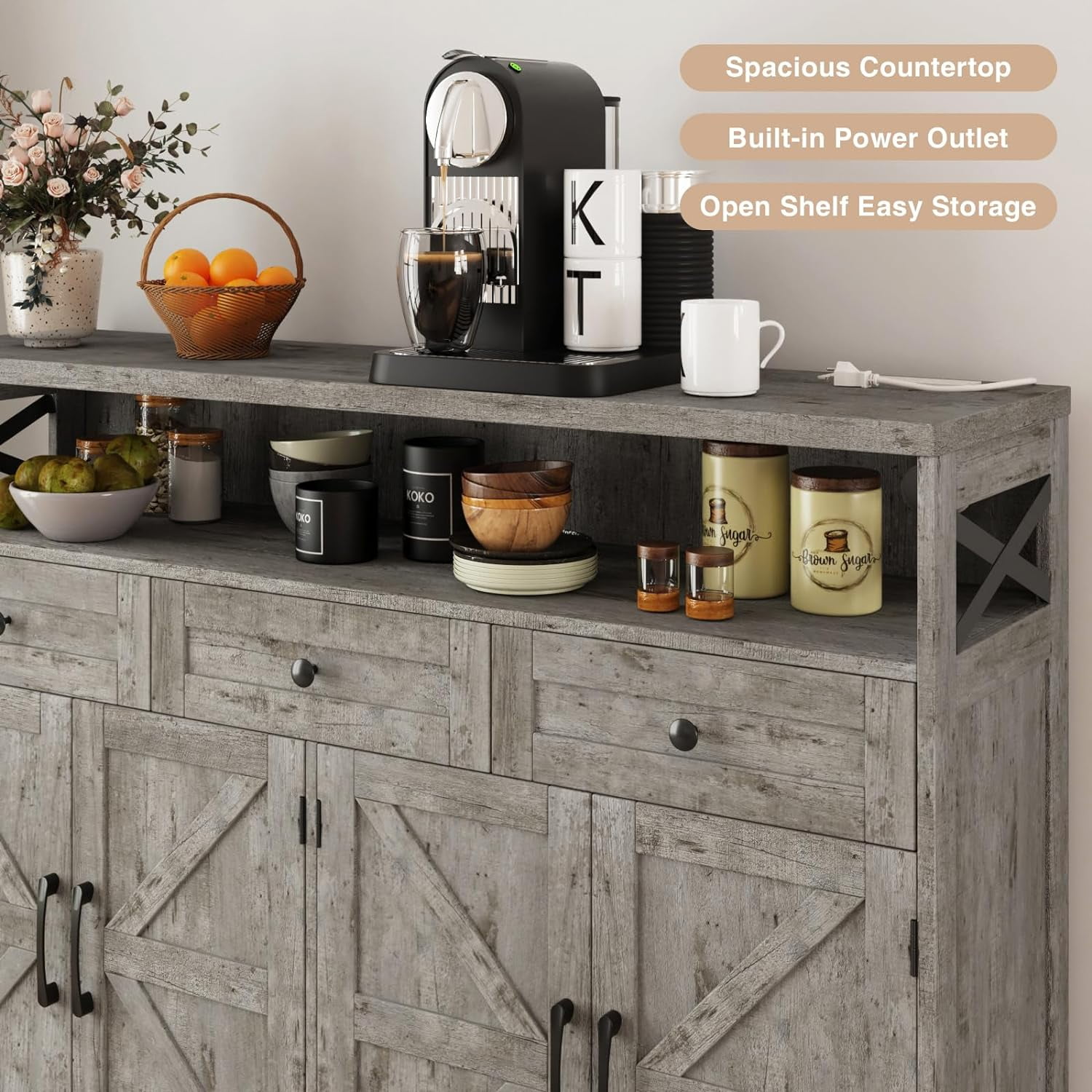Veanerwood 52" L Farmhouse Buffet Cabinet with Drawers, Sideboard with Storage, Kitchen Pantry Cabinet Hutch for Kitchen, Dining Room, Livingroom, Grey
