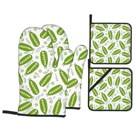 

Oven Mitts and Pot Holders 4 pcs Set cartoon green Peas Heat Resistant Pot Holders Oven Mitts for kitchen Non-Slip Hanging Loop Oven Glove Potholders for Baking Cooking