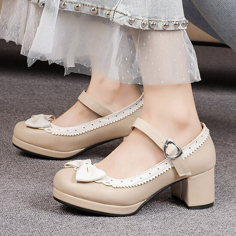 Nrmvnmi Women's Mary Shoes Heels Pumps Block High Heel Cute Ankle Strap Bow  Closed Toe Wedding Dress Shoes Beige Mothers Day Gifts - Walmart.com