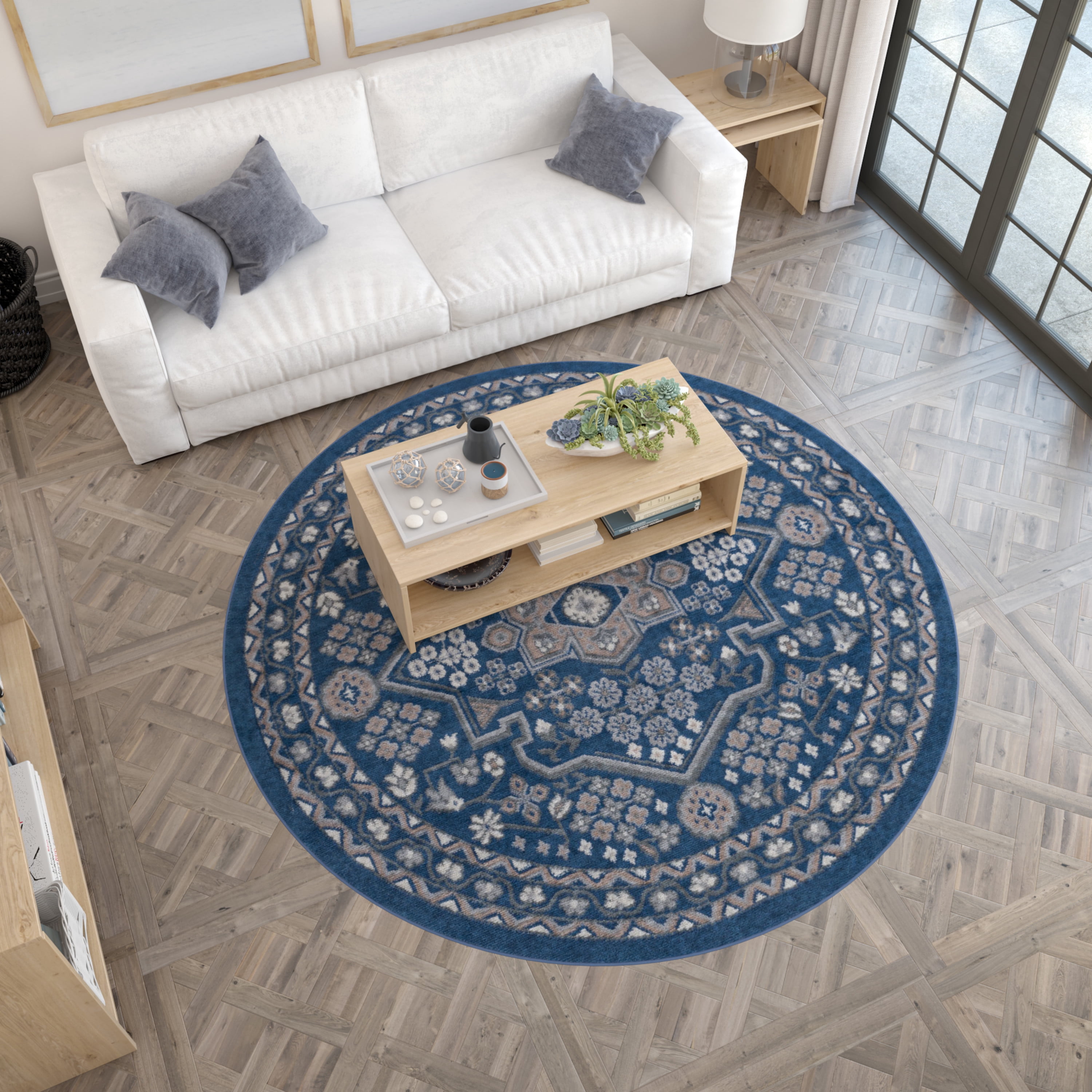 Hampton Traditional 5' Round Navy and Gray Polypropylene Indoor Area Rug