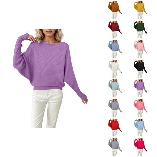 Chandails Surdimensionnés pour Femmes 2026 Automne Hiver Décontracté Manches Chauve-Souris Col Rond Chandail Tricoté