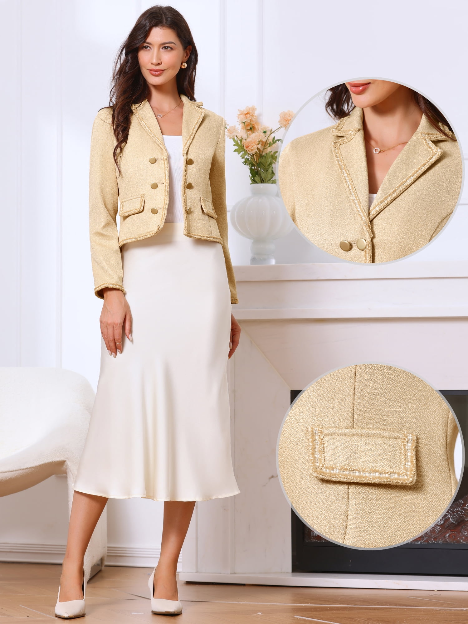 DARING DIVA Women's Vintage Notched Lapel Long Sleeve Cropped Blazer S Apricot