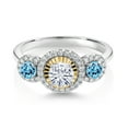 thumbnail image 2 of Gem Stone King 925 Silver and 10K Yellow Gold Round White Moissanite Swiss Blue Topaz and Lab Grown Diamond 3-Stone Engagement Ring for Women (0.84 Cttw, Size 7), 2 of 3