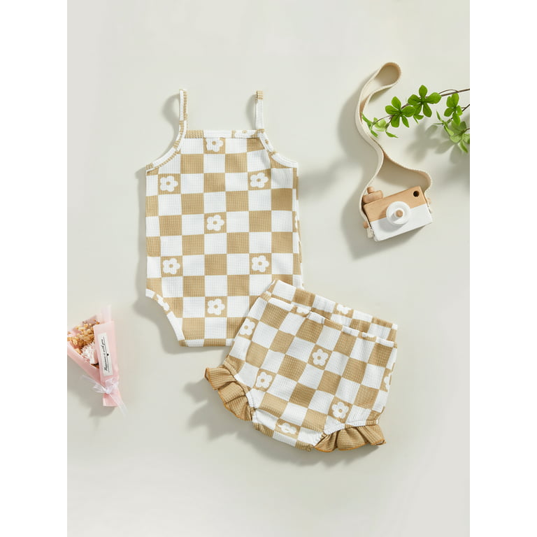 Coduop Baby Girls 2Pcs Outfit Set,Checkerboard Sleeveless Bodysuit