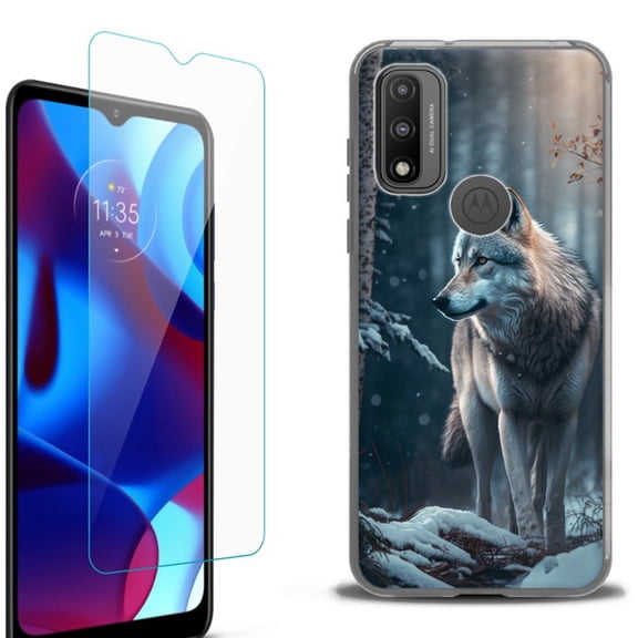 Slim-Fit Fashion Phone Case for Motorola Moto G Pure, with Tempered Glass Screen Protector, by OneToughShield ® - Wolf Winter