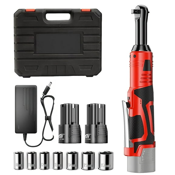 PEPWELL Cordless Electric  Ratchet Wrench 3/8 Square Drive, 18V Electric Ratchet Wrench, 40ft-lbs, Variable 550RPM, 4” Extended Neck Right Angle, 7 Sockets, 2x 2.0Ah Battery, Tighten or Remove