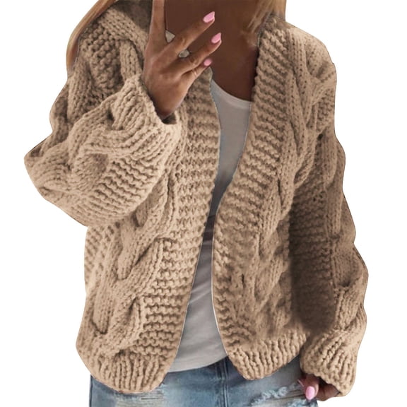 Baberdicy Knitted Sweate Ladies Sweater with A Hat Cardigan Solid Color Coarse Knit Sweater Coat Women's Cardigans Beige