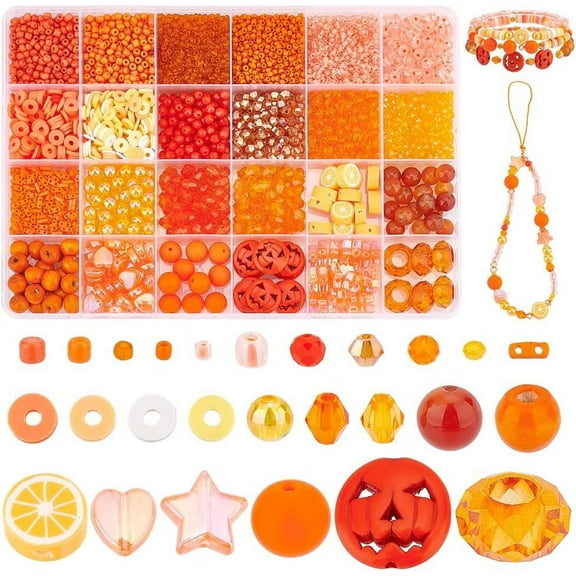 4564pcs 24 Styles Beads Kit Orange Red Autumn Beads Pumpkin Heart Glass Seed Beads Round Acrylic Beads Wood Beads for Thanksgiving Earring Necklace DIY Craft