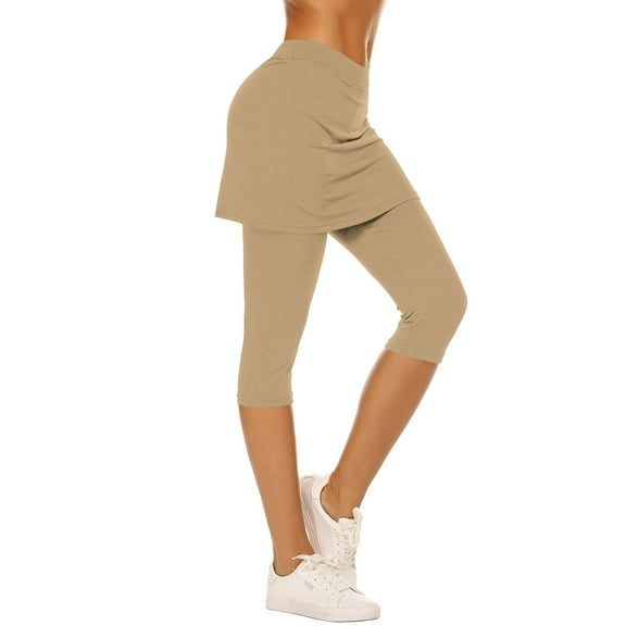 Wyobmus Women Tennis Skirted Leggings Comfy High Waisted Capri Yoga Leggings Tennis Skorts Active Gym Capri Tights With Mini Skirt A-Khaki