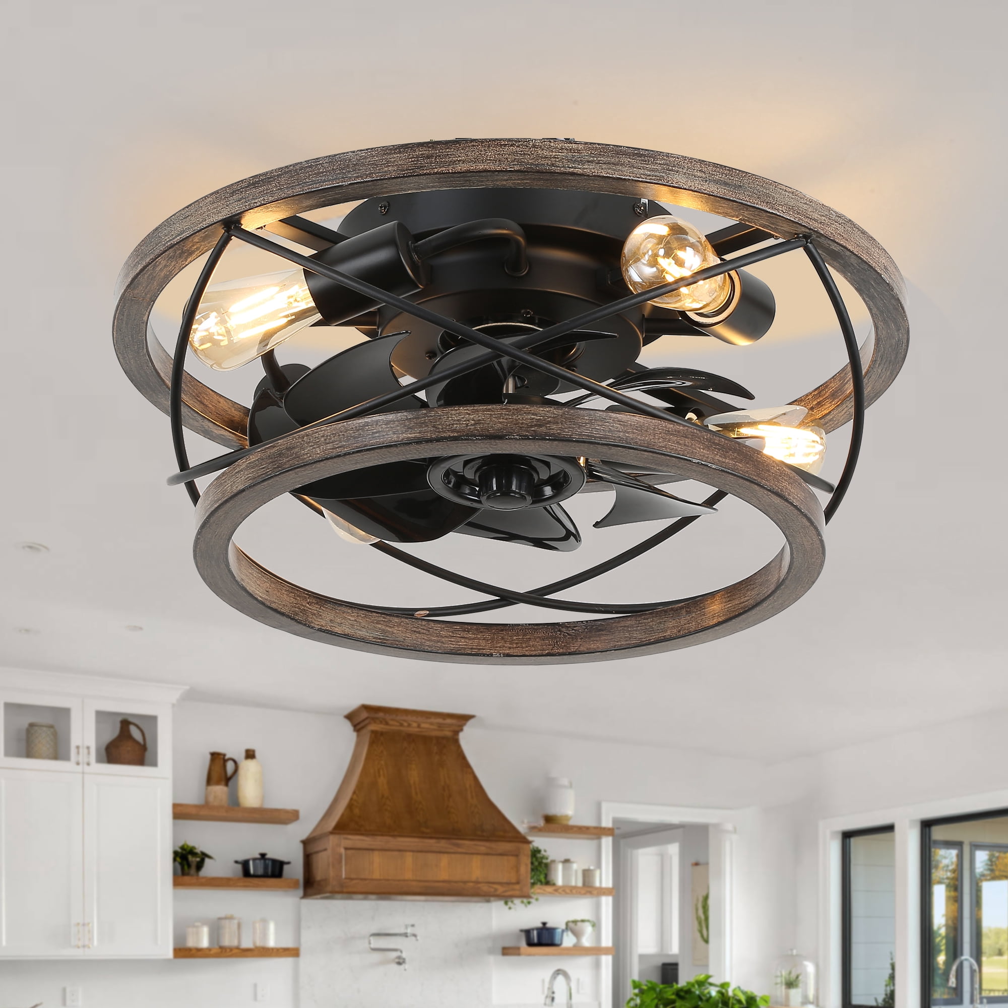 18" Rustic Wood Caged Ceiling Fan with Light and Remote Control, Farmhouse 3-Speed Reversible Flush Mount Ceiling Fan